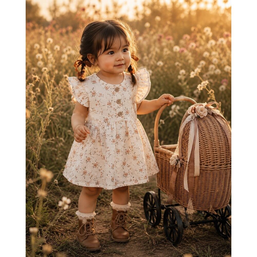 New Minimalist Golden Floral Frill Slv Babydoll Dress 18-24mths